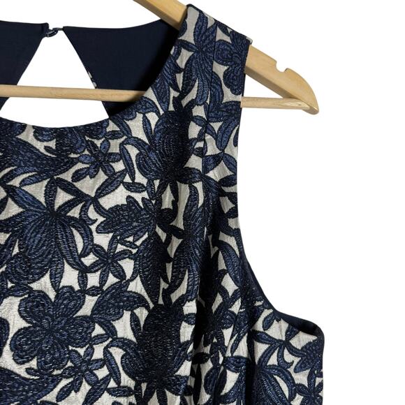 Kay Unger Navy Floral Jacquard Sleeveless Sheath Cocktail Dress Size 16 - Picture 4 of 9